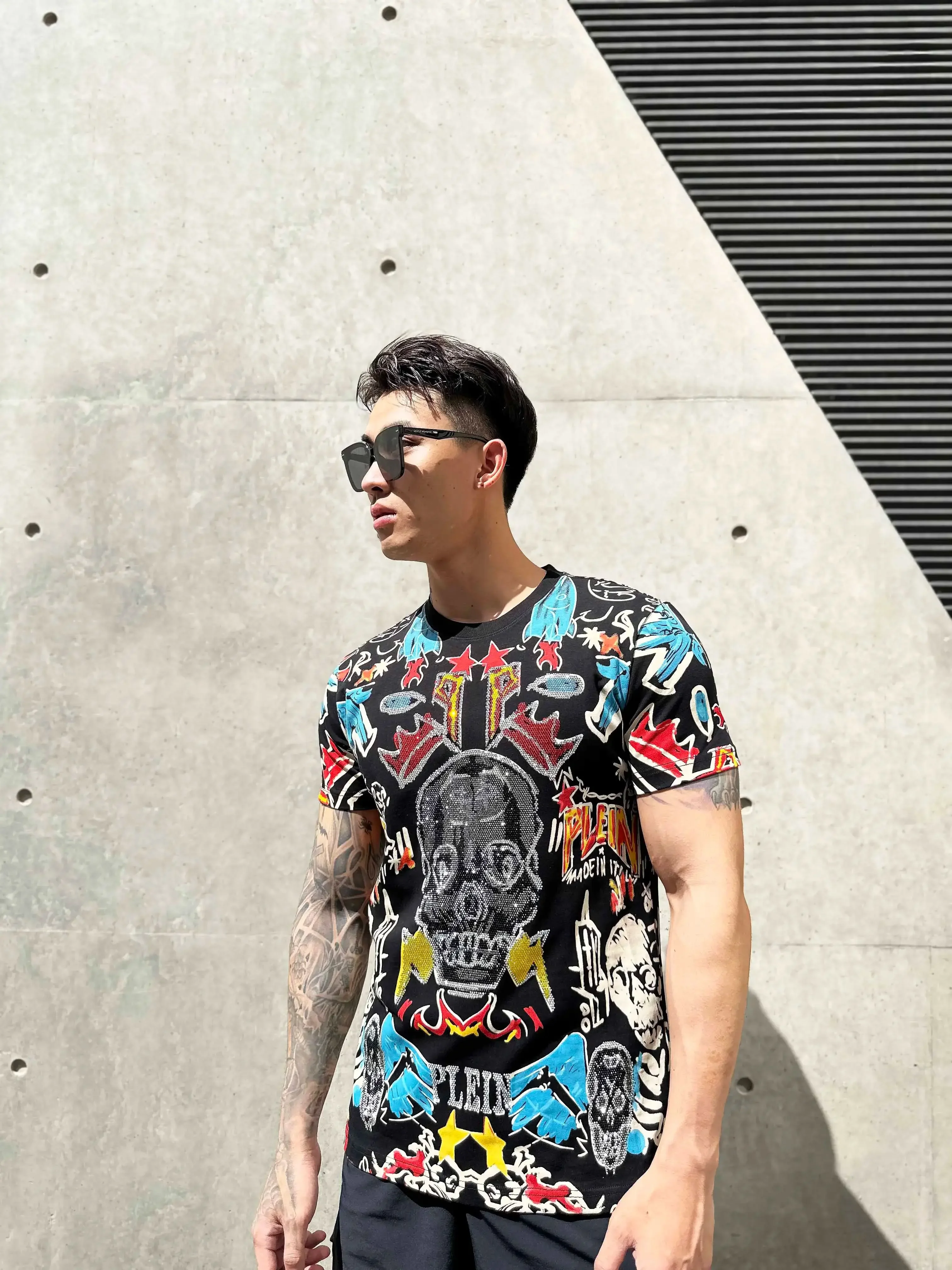 Alex Plein Rhinestones Skulls Graffti Men's Fashion Clothing Couple Streetwear Cotton 2024 Summer Crew Neck Shortsleeve Tshirt