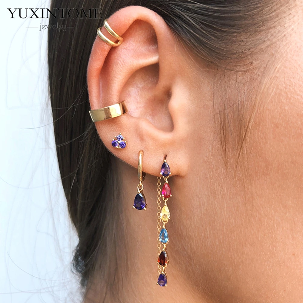 925 Sterling Silver Needle Colorful Water drop Tassel Zircon Stud Earrings for Women Wedding Party Gold Earrings Fashion Jewelry