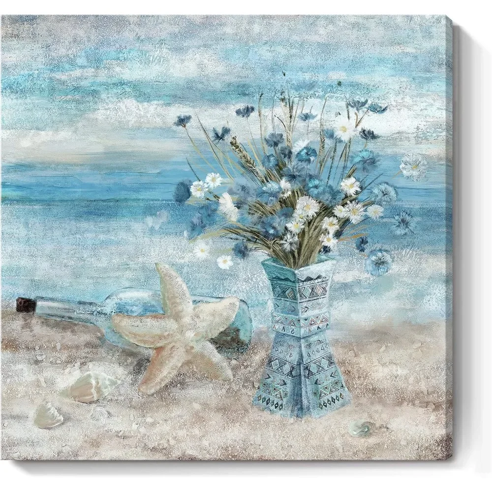 

Beach Wall Art for Living Room Blue Ocean Theme Canvas Print Modern Abstract Coastal Picture Seascape Painting Daisy Flower