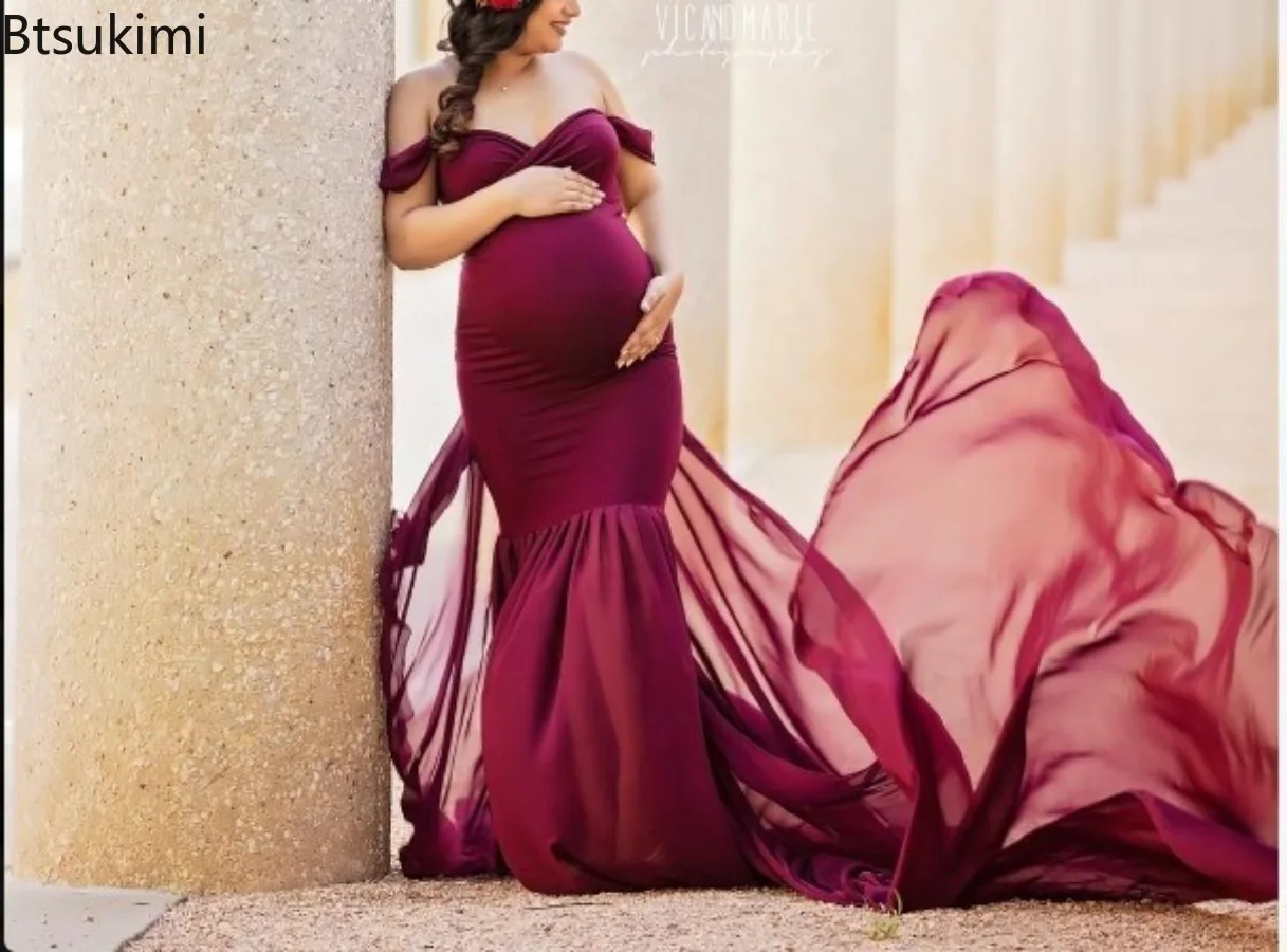 chiffon-pregnancy-gown-off-shoulder-dress-solid-color-breathable-maternity-dress-studio-shooting-accessories-transparent-tulle