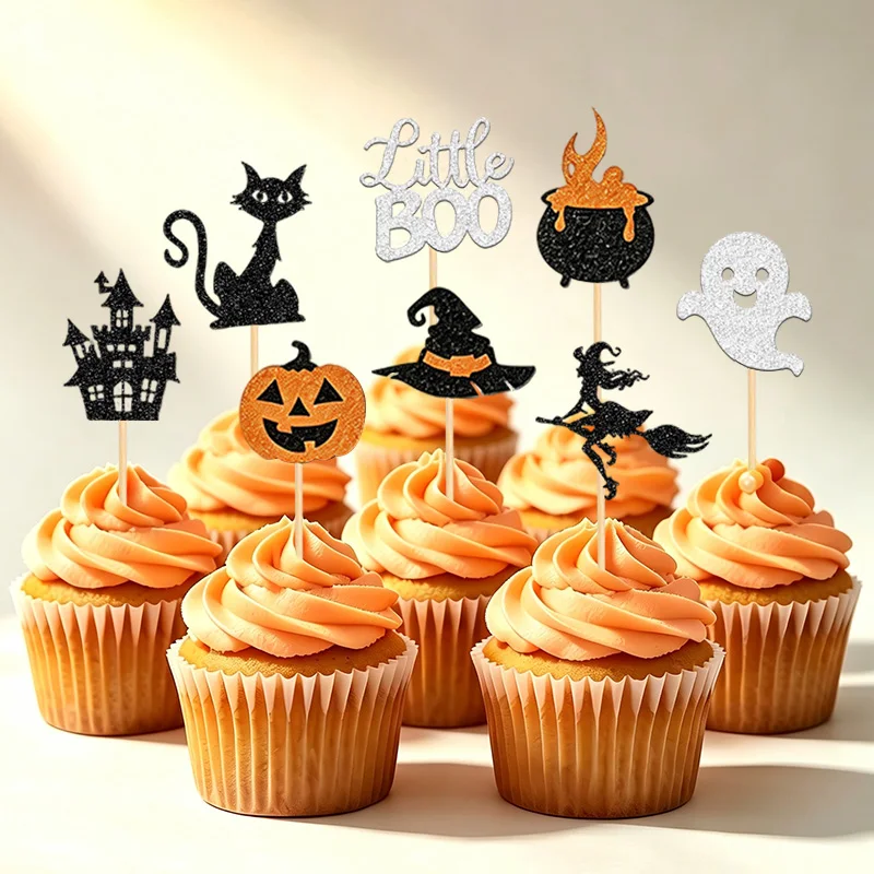 YOMDID 24Pcs Halloween Cupcake Toppers Glitter Cat Castle Boo Ghost Witch Hat Cake Toppers Picks Holiday Halloween Decorations view 4