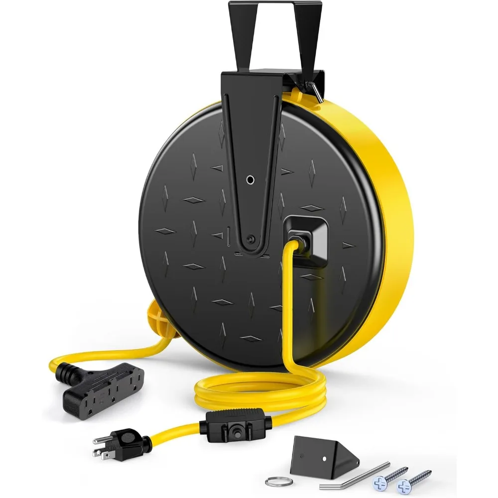 30 Ft Retractable Extension Cord Reel, Ceiling/Wall Mount 16/3 Gauge SJTW Power Cord with 3 Electrical Outlets Pigtail