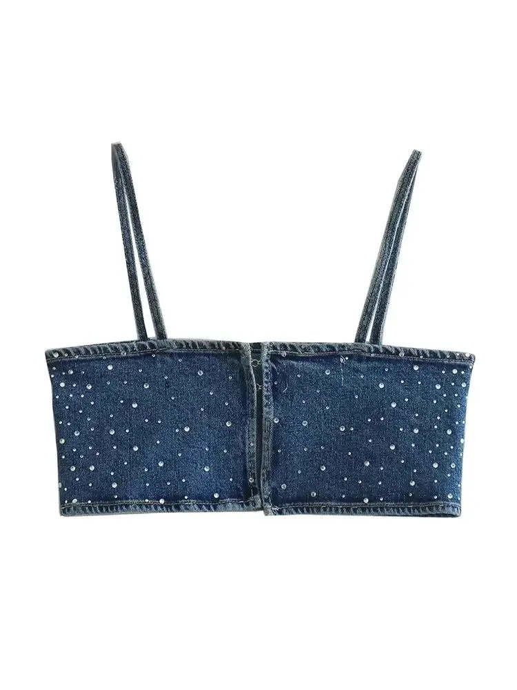 Women Fashion With Drilling Denim Crop Tank Tops Sexy Thin Straps Back Metal Hook Female Camis Mujer