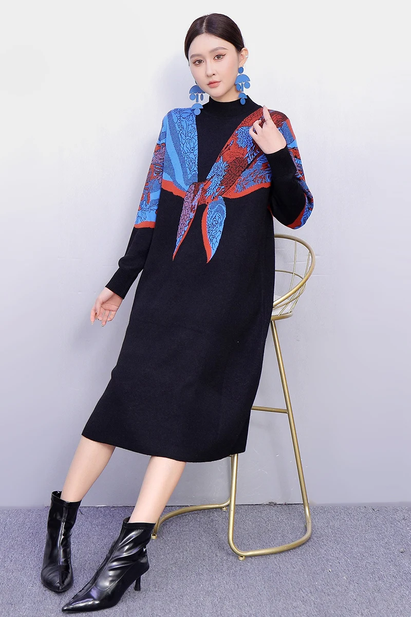 2025 Winter Elegante Frauen Casual Lose Gestrickte Gedruckt Lange Kleider Weibliche Lange Hülse Kontrast Farbe Kleid Großhandel J2101