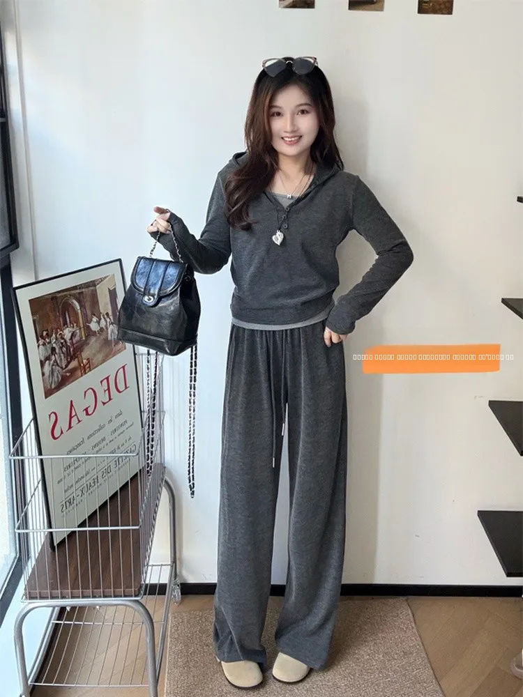 

Ретро-корейский комплект из укороченного топа с длинными рукавами и брюк в стиле Color Block для женщин: дышащий, комфортный, из смесового хлопка