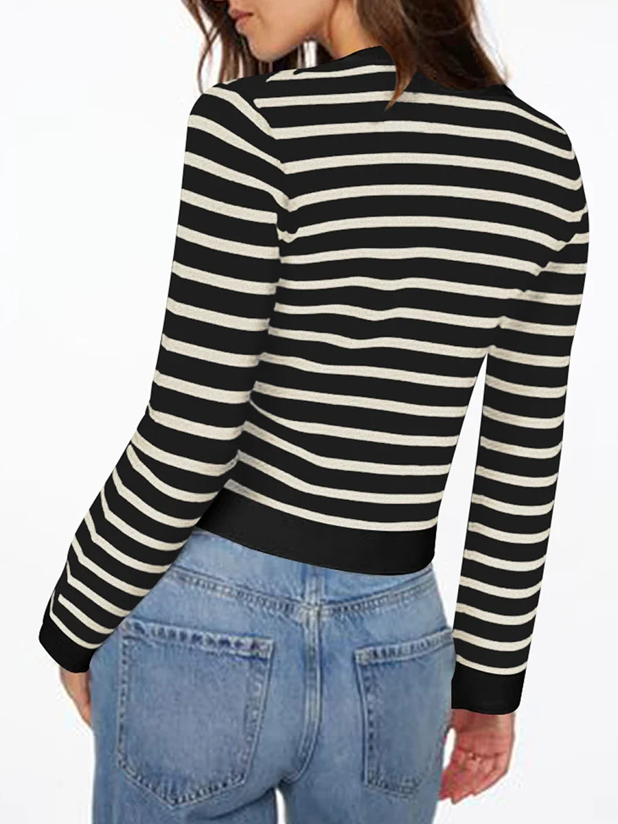 Women's Stripes Print Cardigan Autumn Slim Fit Long Sleeve Round Neck Button Down Pocket Sweater Female Casual Knit Tops