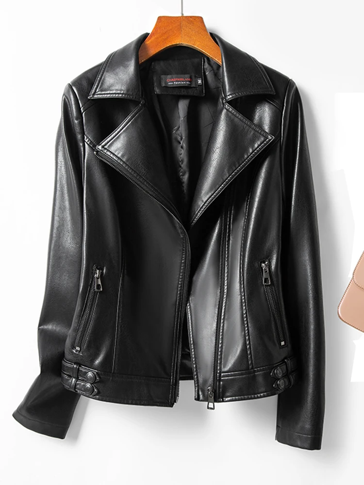 Real Leather Biker Jaet Women's ort Sle Spring Autumn New Model Bla Cool And Sli Lamb Skin Coat for Ladies