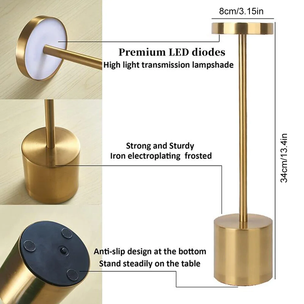 Cordless Table Lamp LED Metal Desk Lamp USB Rechargeable Brightness Night Light Lamp for Bedroom Dormitory Home Supply