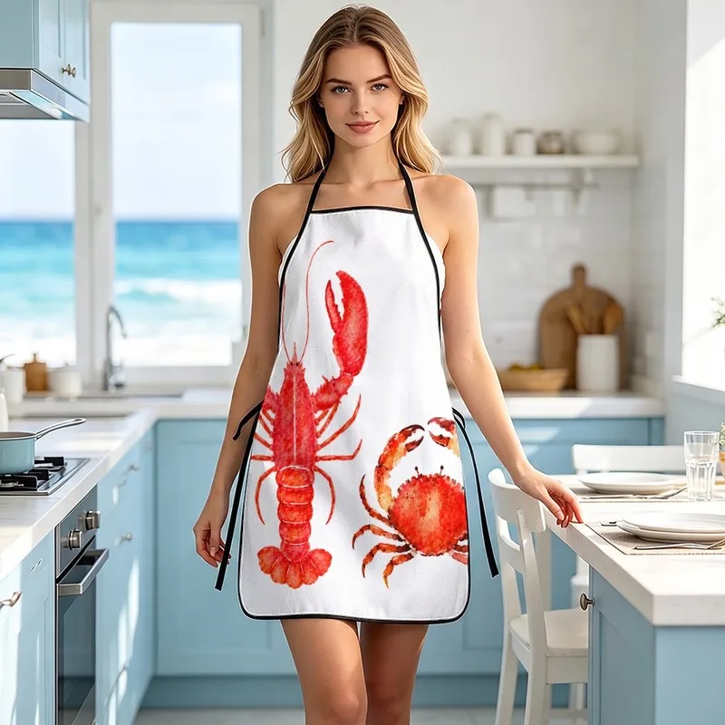 1PC【Apron】2DFlat effect，Modern Minimalist Style，Printed with watercolor lobster and crab motifs，Durable，Suitable home kitche