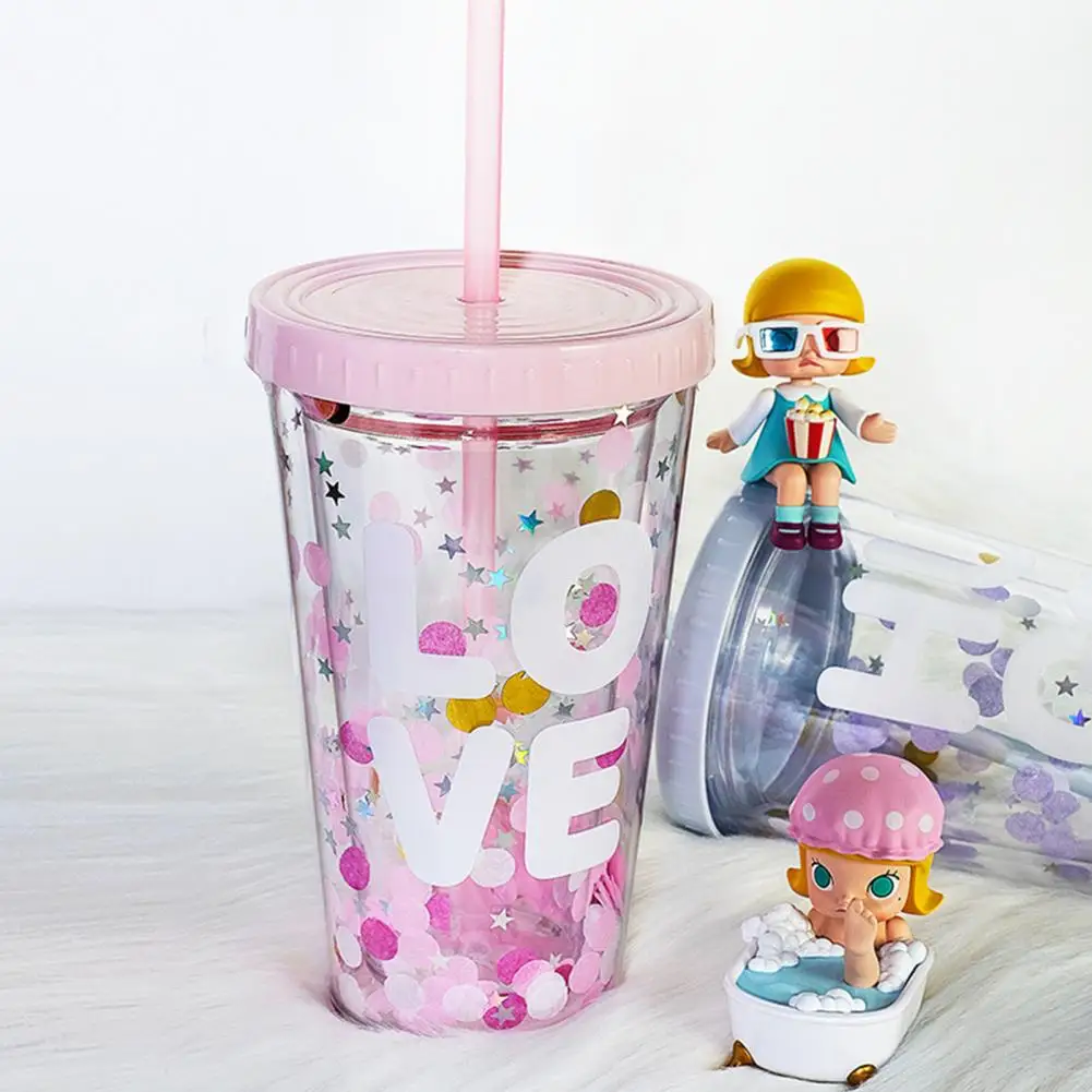 Water Bottle English Letter Pattern Plastic Sequins Drinking Water Straw Cup botella de agua бутылка для воды спорт garrafa