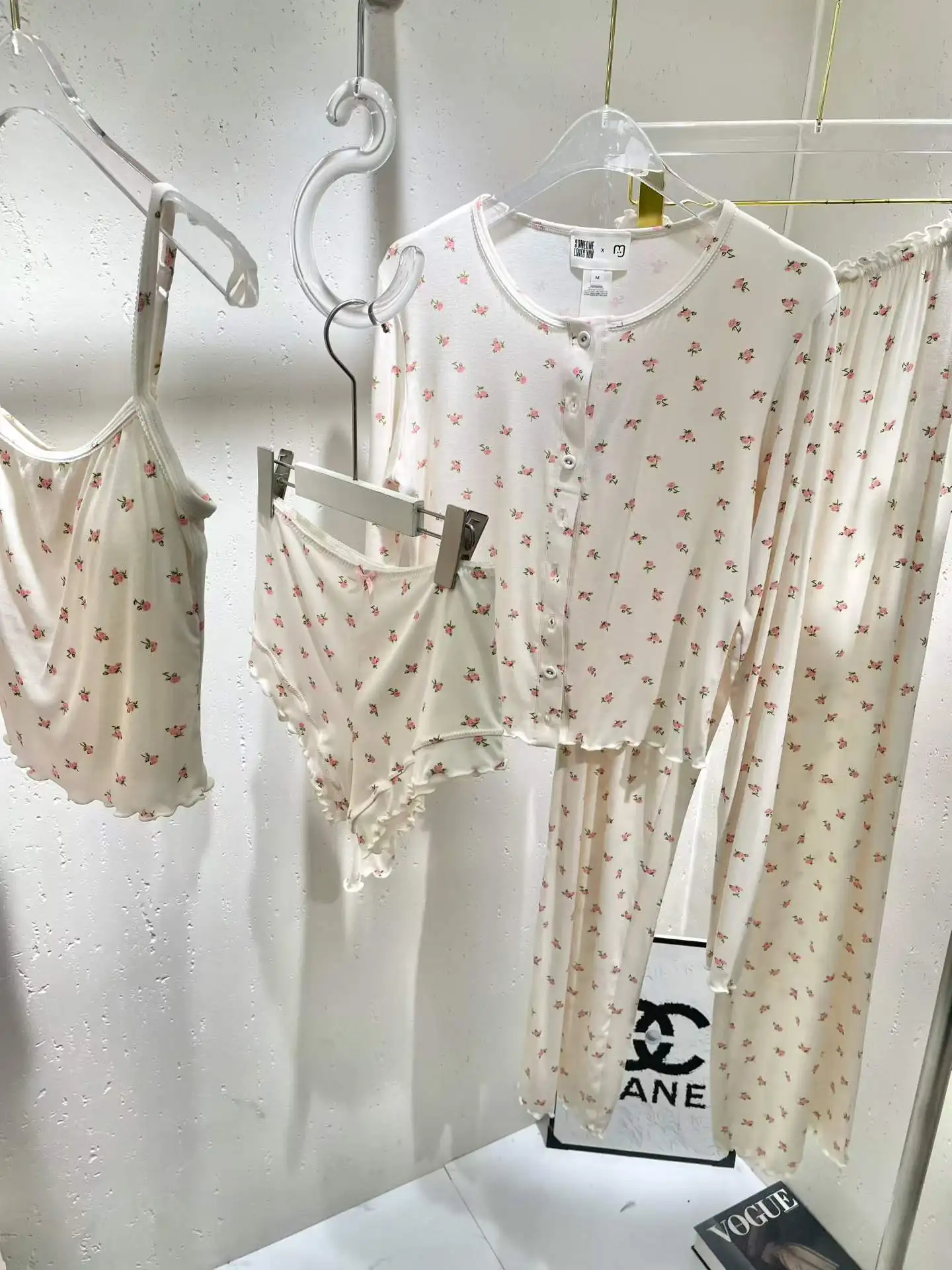 Women's 4-Piece Cream Floral Pajama Set - Cami Shorts Top & Pants Mix & Match Pajama Set with Ruffle Trim Loungewear Set PJS Set