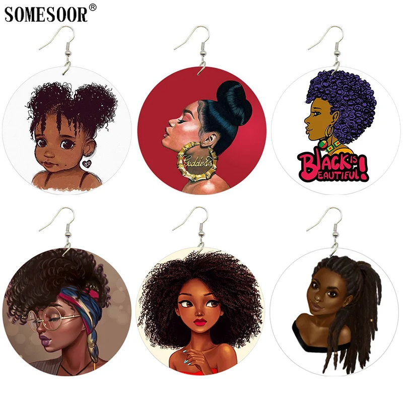 SOMESOOR Both Sides Print Black Goddess Wooden Drop Earrings Lovely Curly Girl Afro Natural Hair Braid Design For Women Gifts