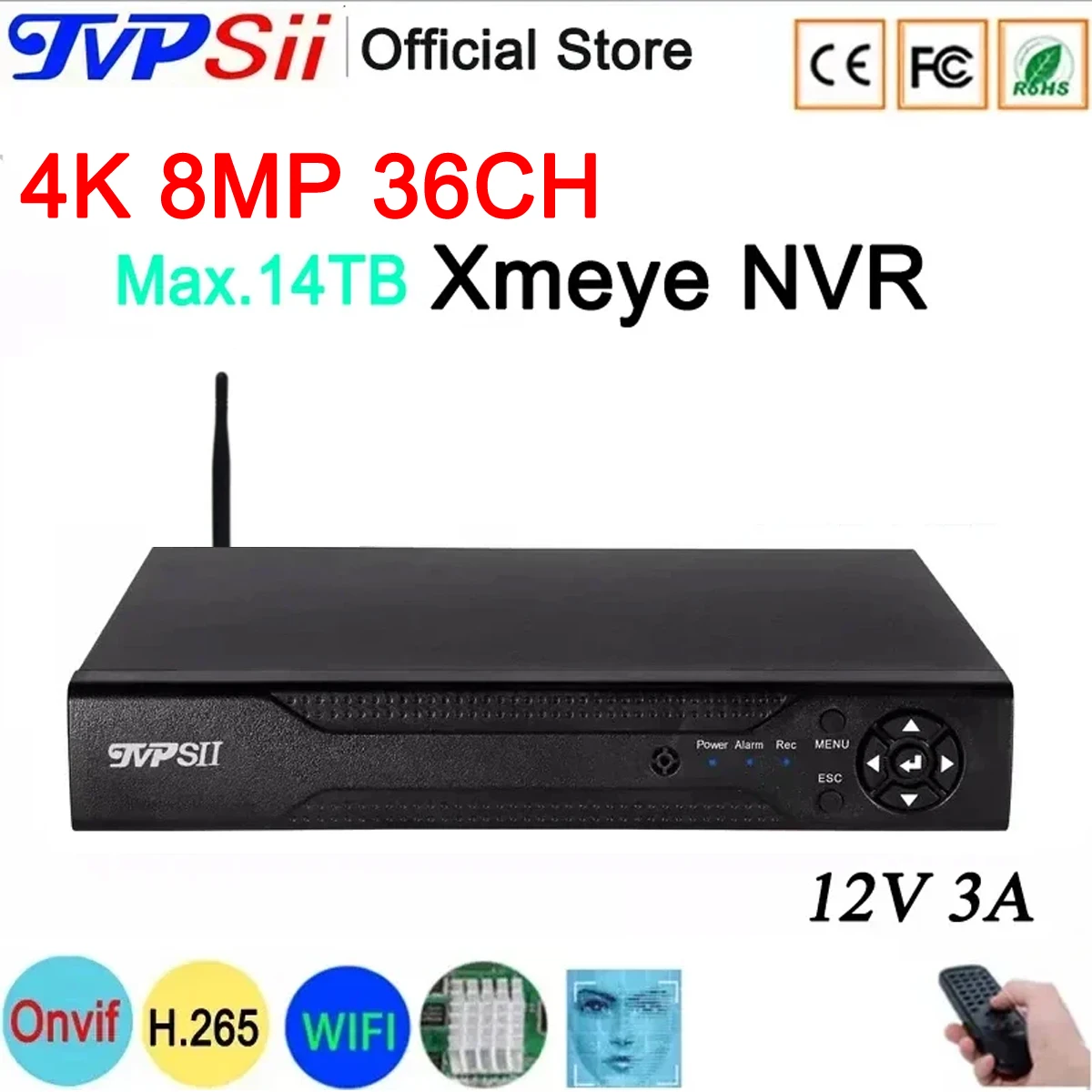 

12V 3A XMeye Face Detection H.265+ 8MP 4K 36CH 36 Channel Max 14TB One Sata Audio IP Camera WIFI Onvif CCTV DVR NVR