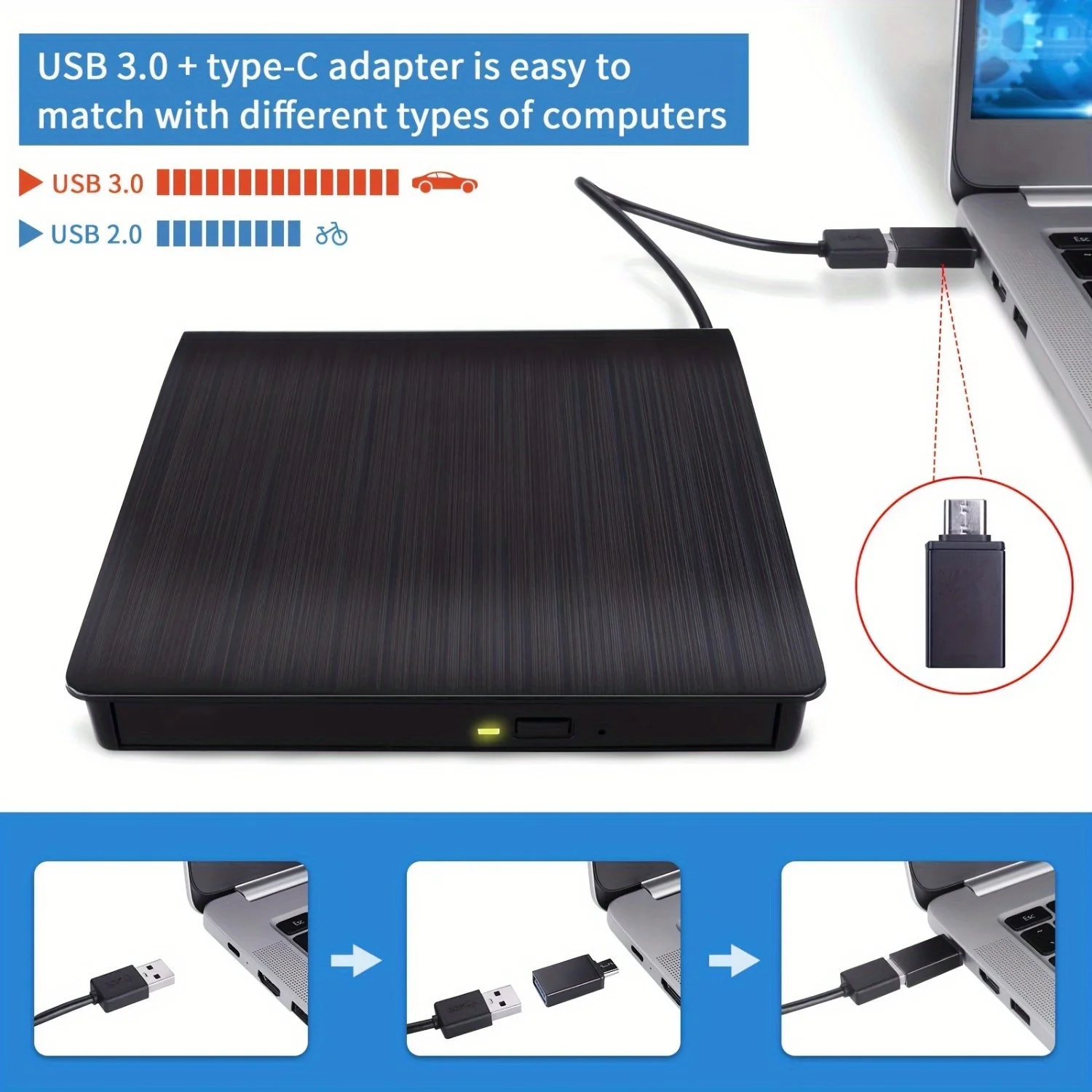 3.0 USB 외장 DVD 드라이브 - 노트북, Windows, Linux용 휴대용 CD/DVD +/-RW 버너 리더 - 완벽한 플러그 앤 플레이