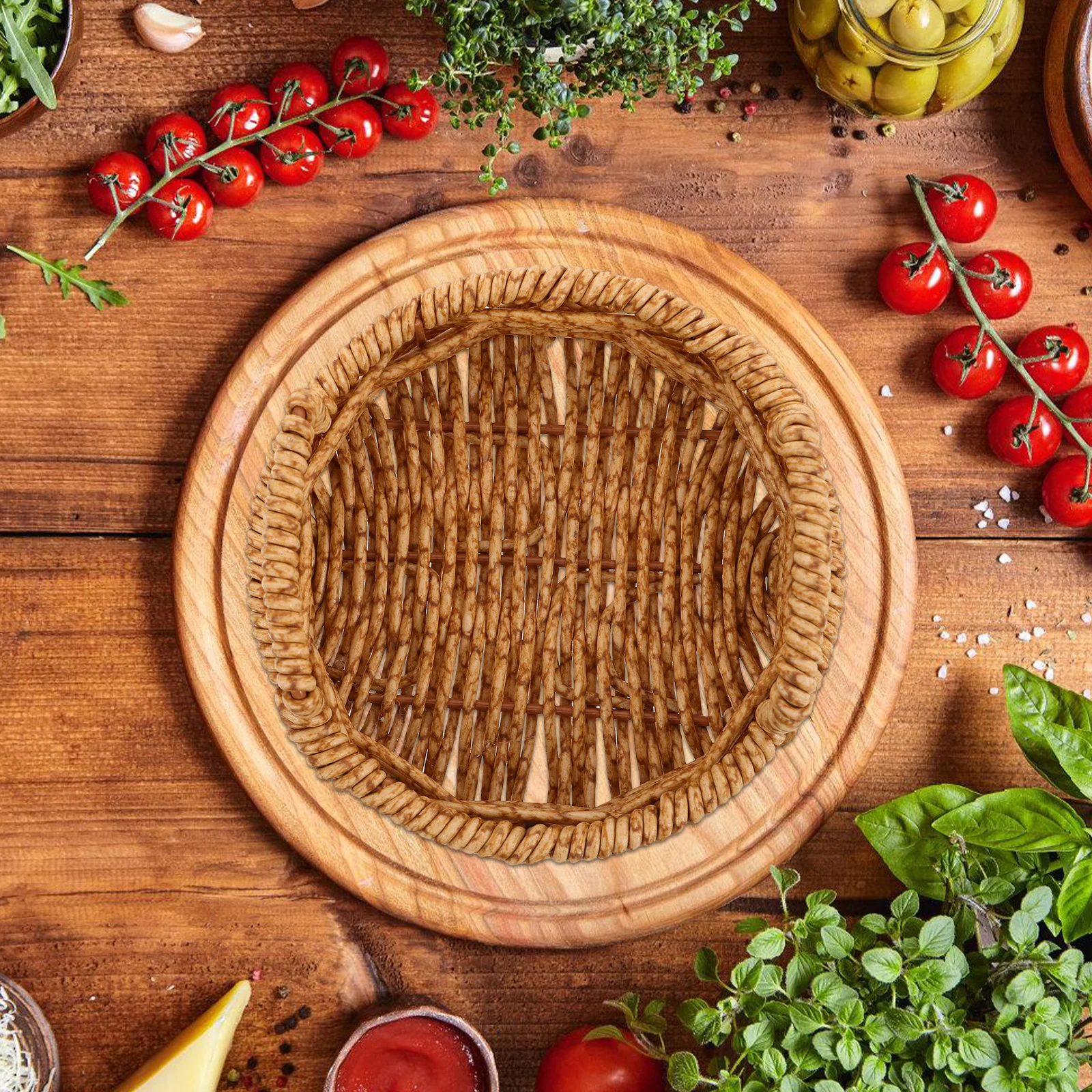 

Woven Round Fruit and Bread Basket Handcrafted Imitation Rattan Material for Kitchen Snack Storage Serving Tray Tabletop
