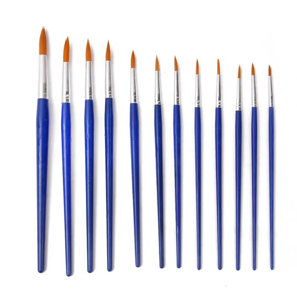 12Pcs Blue Pointed Brush Set for Oil Acrylic Watercolor Painting Featuring Metal Wood Nylon Construction 16.4-19.5cm Seamless