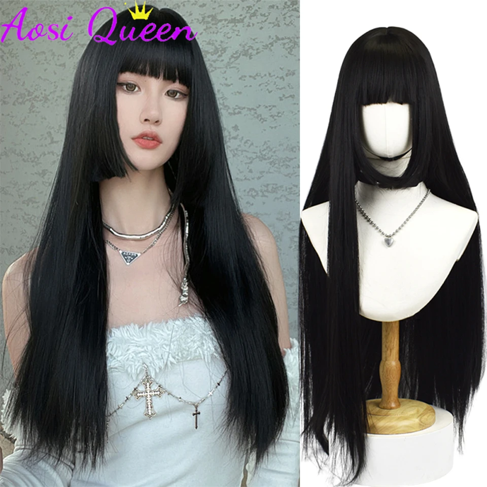 

Synthetic Long Straight Black Wig With Bang Synthetic Wigs for Women Heat Resistant Natural Hair for Daily Halloween Cosplay