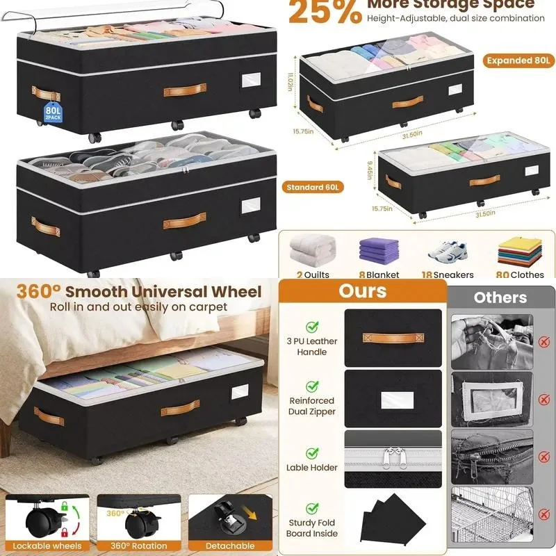Foldable Under Bed Rolling Metal Drawer Storage Box with Square Wheels for Clothes Shoes Toys Fabric Organizer