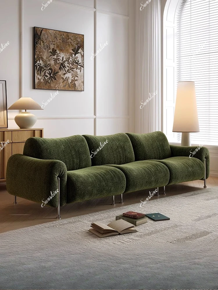 French exquisite living room size apartment straight row avocado green sofa