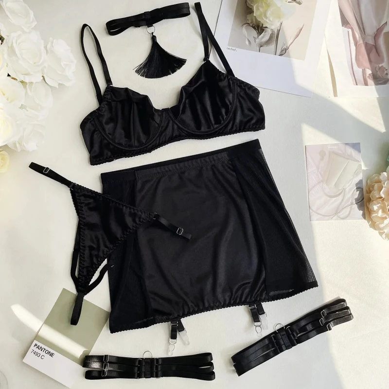

Bikini Tassel Temptation Satin Patchwork Mesh Bodycon Skirt with Gloves Two-Piece Sexy Lingerie Set