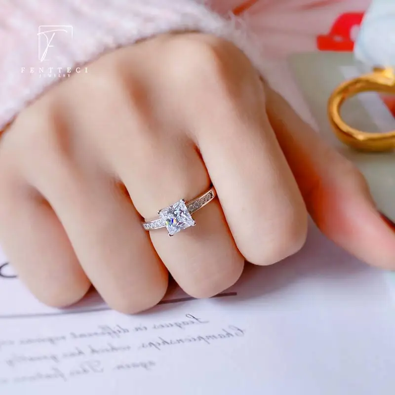 FENTTECI S925 Sterling Silver Gold Plated Moissanite Ring Princess Square Cut Proposal Engagement Wedding Ring for Women Jewelry