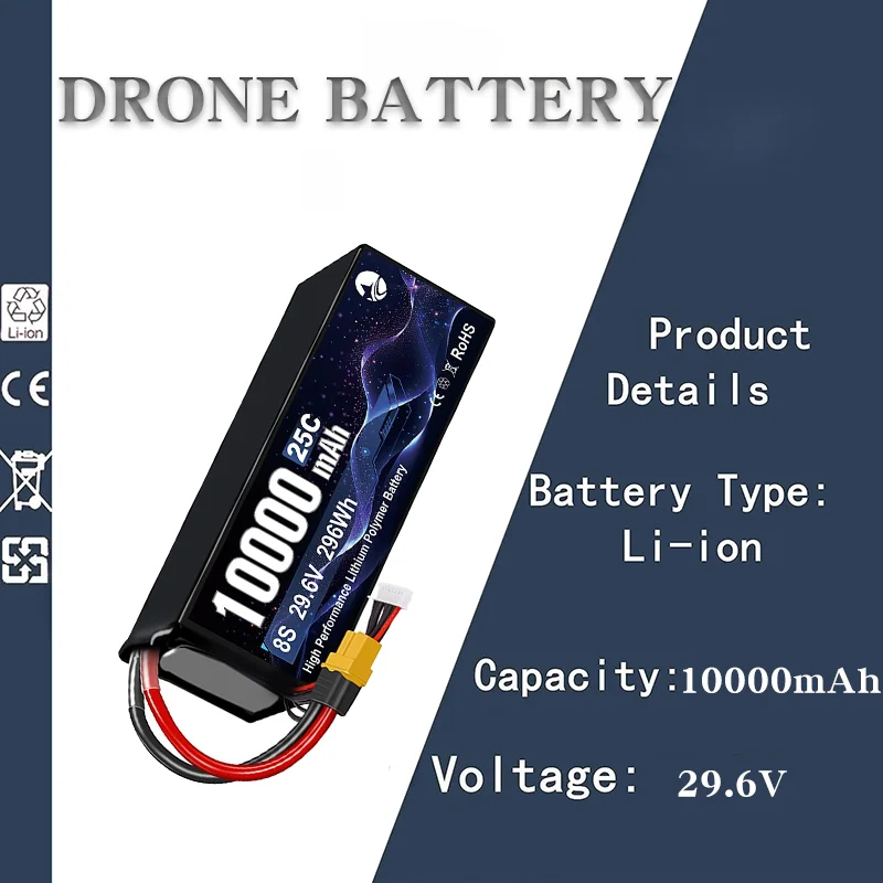 

8S 29.6V 10000mAh 25C Lipo Battery High Capacity for FPV Drone & RC Crossing Locomotive Spare Battery