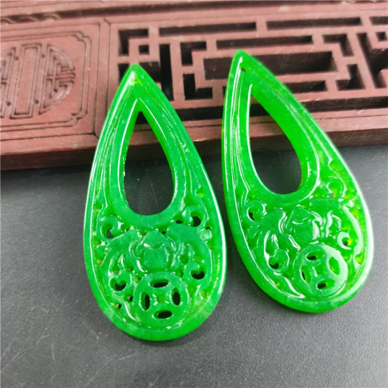 Jadeíta de Myanmar optimizada, dragón de hierro verde seco, forma de gota de agua, suéter tallado hueco, pendientes de cadena, collar, accesorios DIY