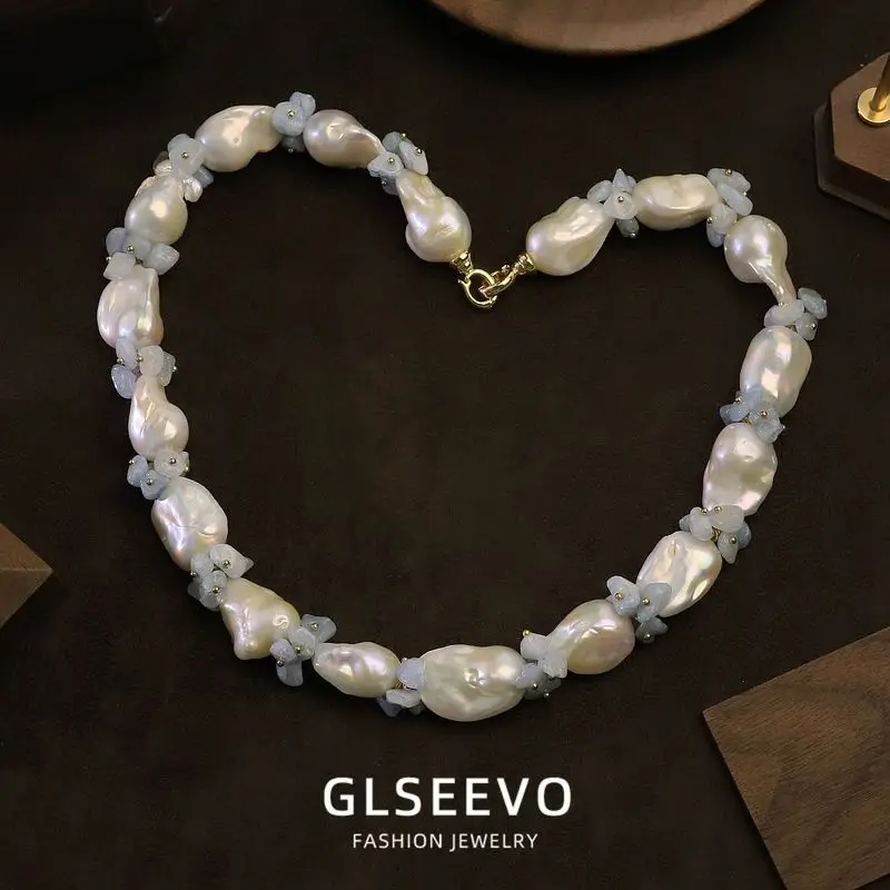 Natural Baroque Pearl And Aquamarine Necklace, A Versatile Clavicle Chain Women