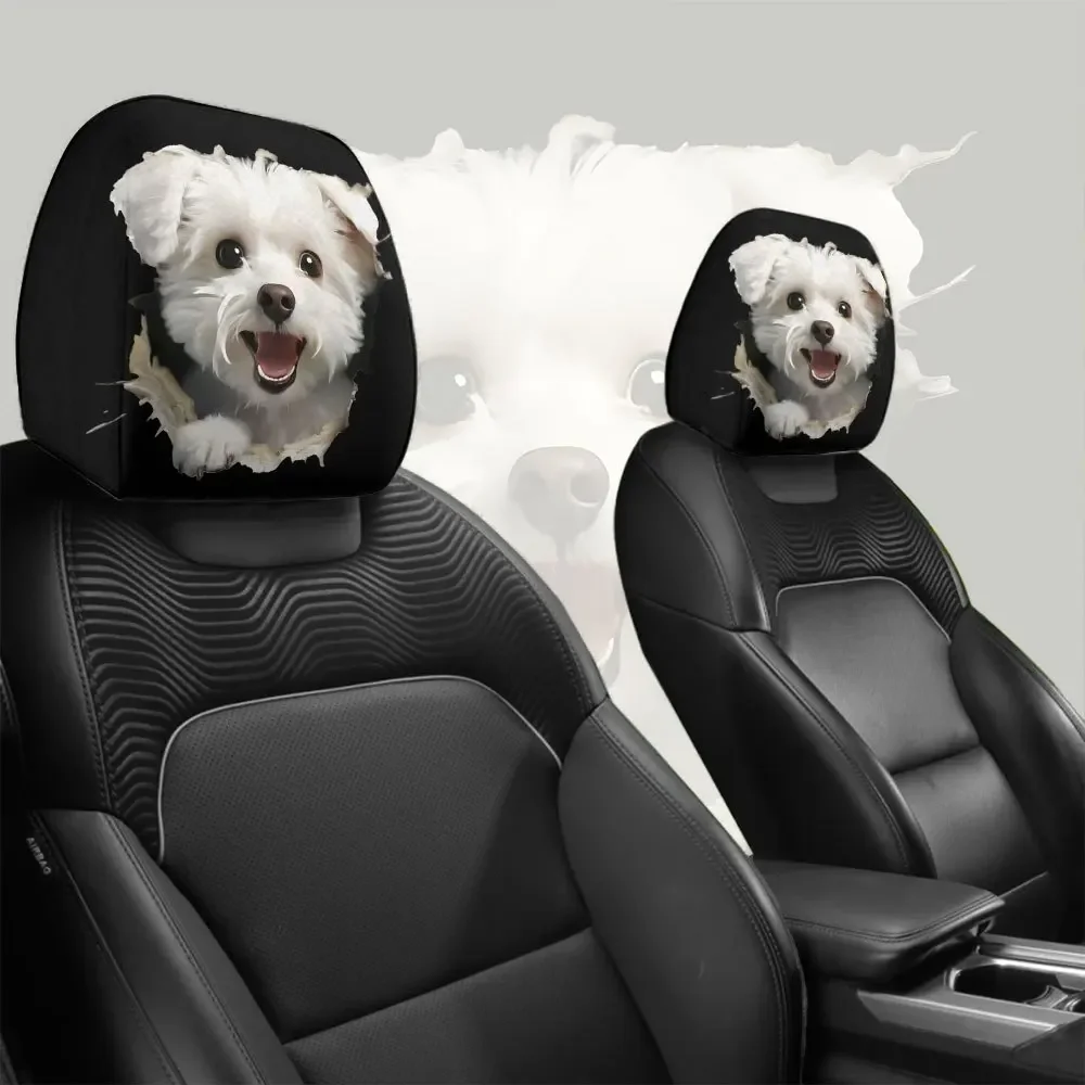 White and cute tongue-sticking puppy car headrest cover two-piece set - soft and washable, suitable for general vehicles