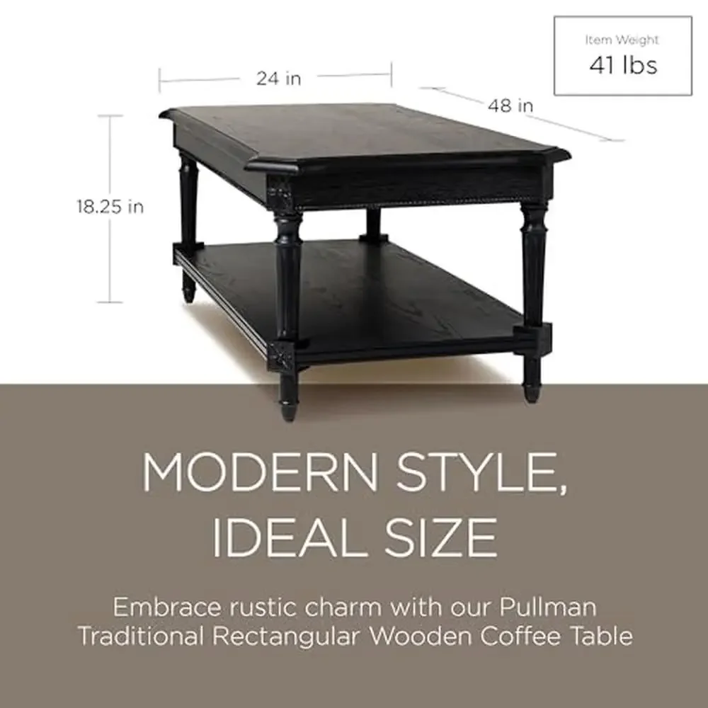 2 Tier Hand-Carved Wooden Coffee Table Rustic Black Finish Elegant Design Solid Wood Construction Luxe Living Room Furniture