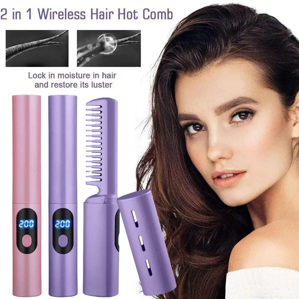 2 In 1 Luie Stijltang Haar Hete Kam Snelle Verwarming Ijzer Oplaadbare Curling Ion Usb Straight Curler Stijltang Negatief T7k0