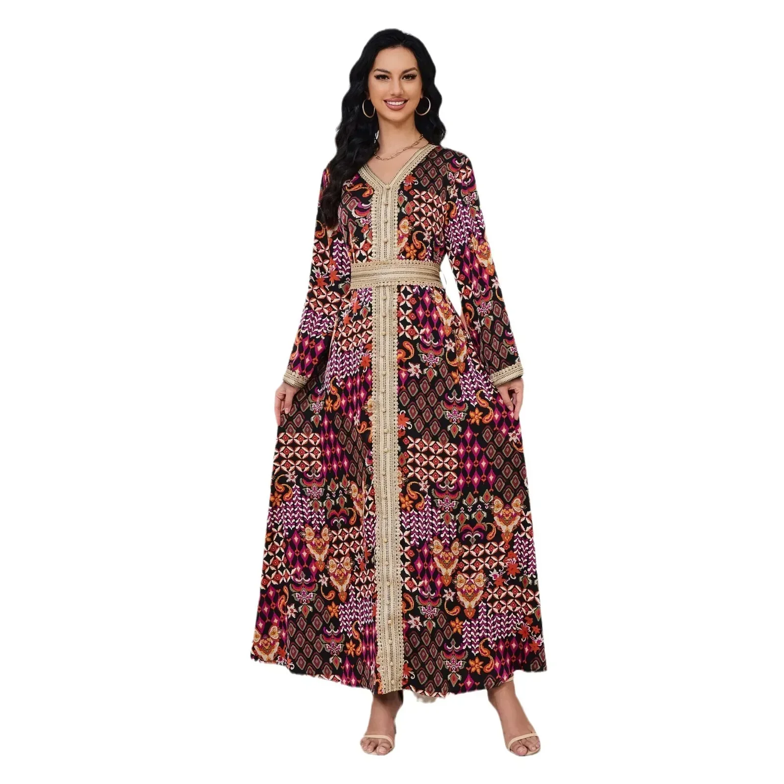 Fashion Elegant Maxi Dress V-neck Printed Abayas for Women Arabia Retro Chic Long Sleeve Dubai Abayas Clothes for Muslim Women