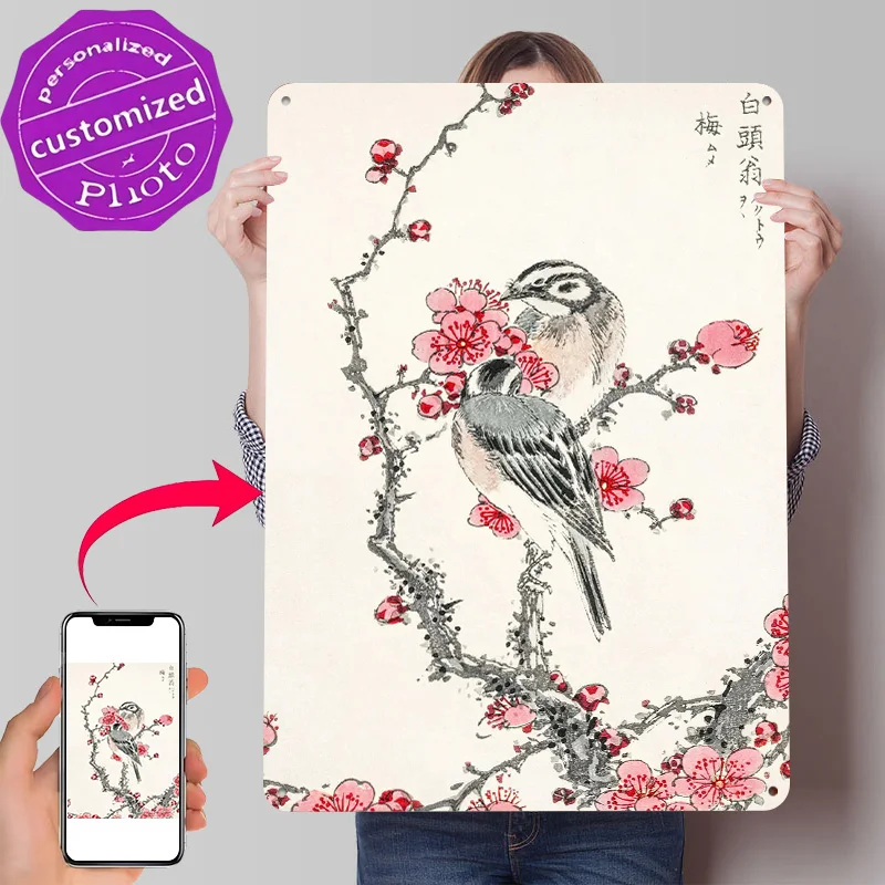 Pine Bunting and Plum Tree 3D Texture Metal Poster Customized Wall Art Tin Sign Gift for Mancave Modern Home Decoration Gaming