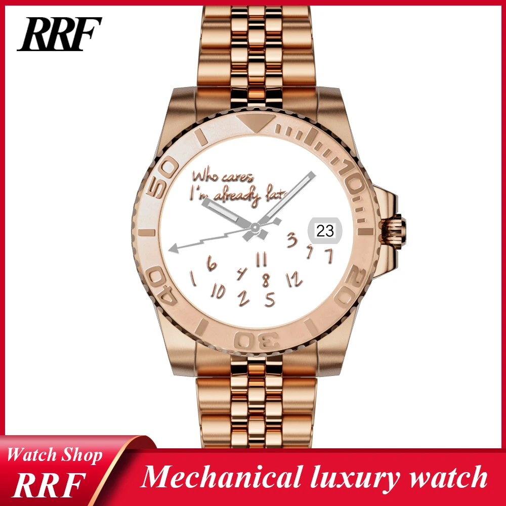 Men's Watch 40mm case 3D metal rose gold text No Logo dial Watch NH series 35 Movement Who cares im already late Watch