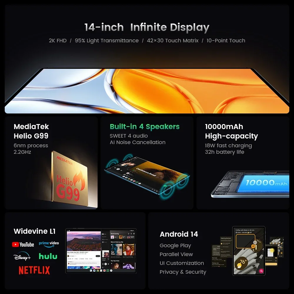 【World Premiere】Teclast T70 Tablet 14" FHD Display Android 14 MTK Helio G99 8GB/256GB 10000mAh Battery 18W 4G LTE Global Version image 3
