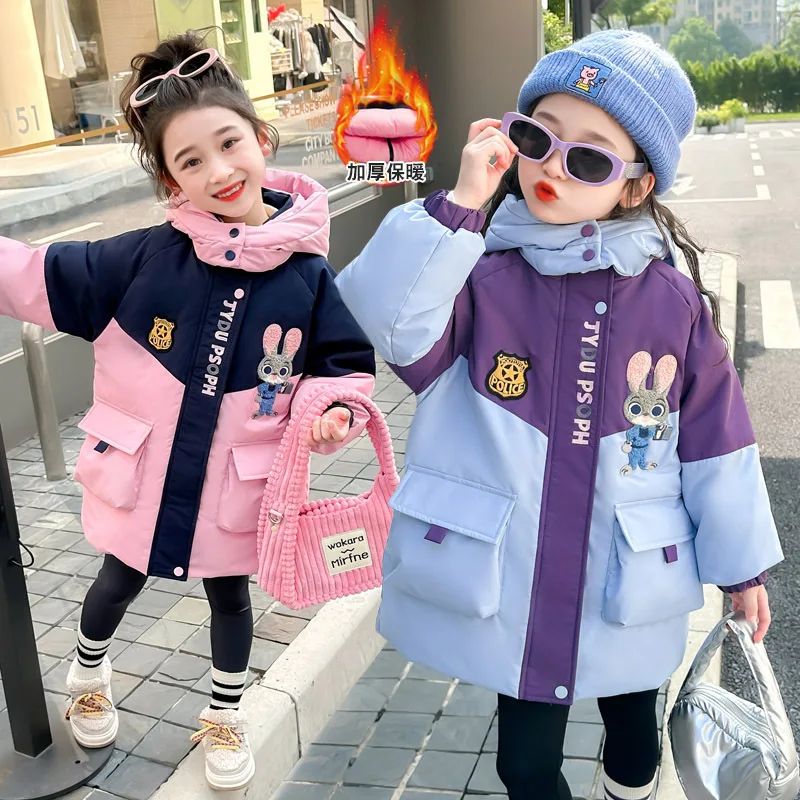 

Зимний пуховик для девочек, пуховик Джуди с цветными блоками, 2025 г., милый утолщенный теплый ветрозащитный пуховик с героями мультфильмов 90, белый утиный пух