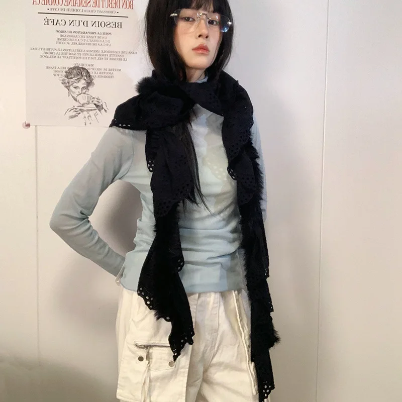 Shibuya هوتي ريترو الدانتيل أفخم وشاح Y2K الكورية Ins الحلو نمط الفراء وشاح دافئ جميل لطيف الدانتيل في الهواء الطلق يؤرخ وشاح #4