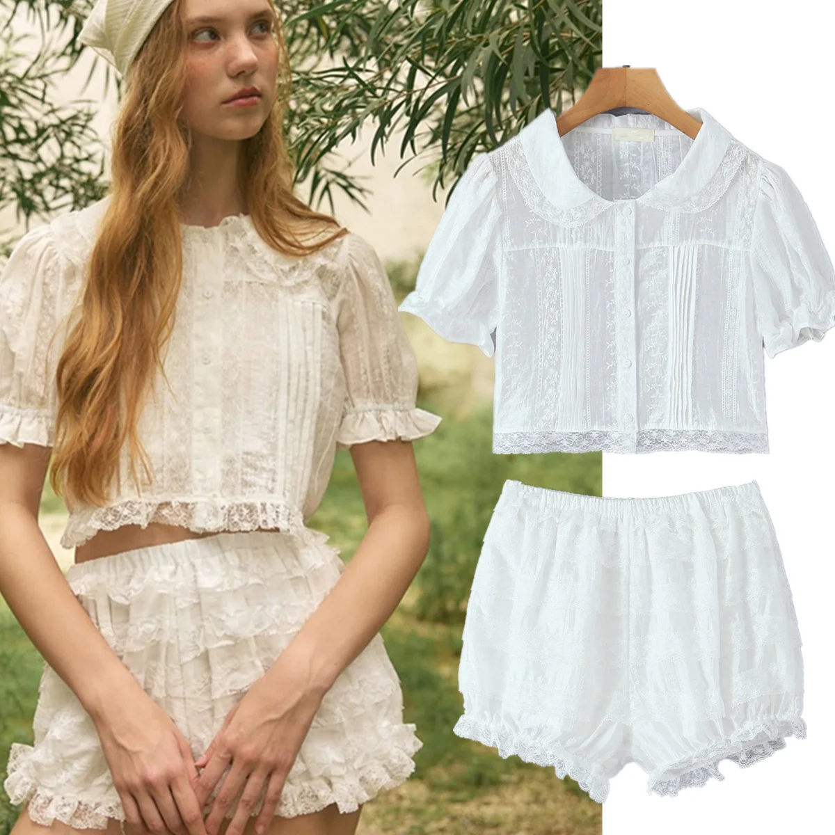 

Летний комплект Jenny&Dave: модный костюм для блогеров, романтический комплект из кружевной рубашки и шорт, женская одежда, новый комплект из двух предметов, женский костюм