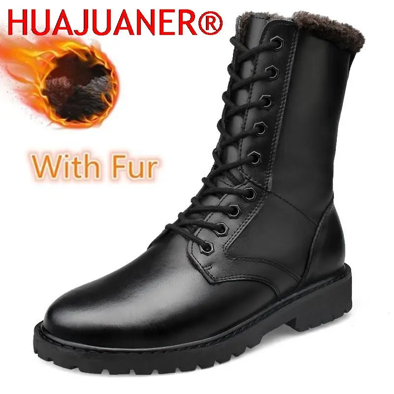 High Top Men Boots Fashion Winter Shoes Genuine Leather Warm Snow Shoes Man Fur Brand Luxury Boots Military Boots Big Size 36-52