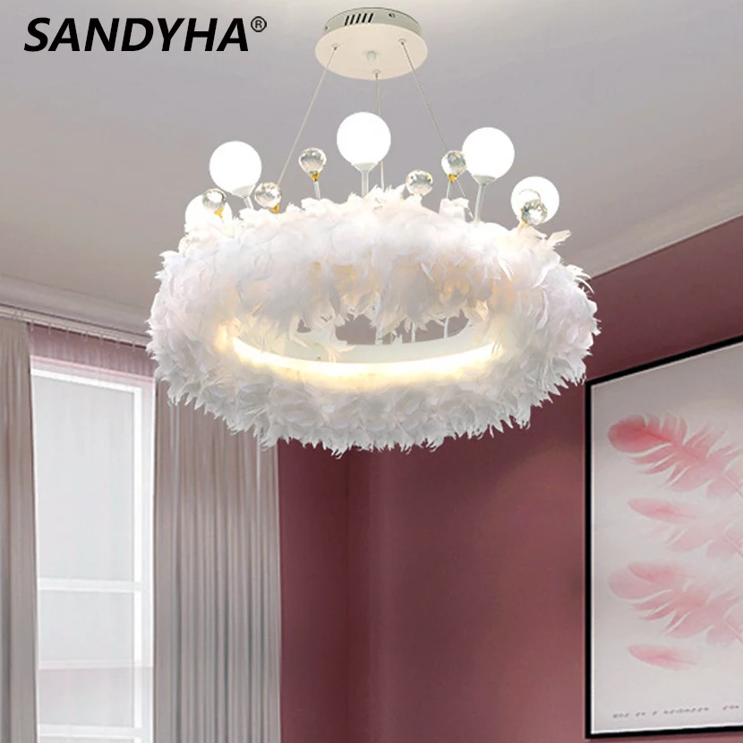 SANDYHA Modern LED Feather Chandelier with White Glass Ball Crystal Decoration Pendant Light Living Room Bedroom Hanging Fixture