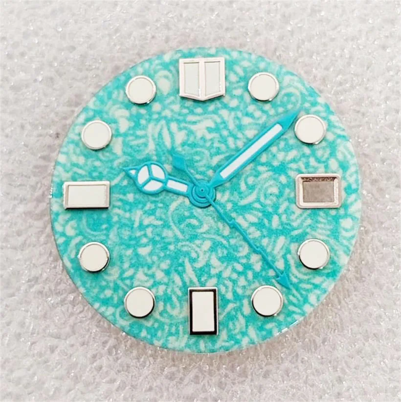 

28,5 мм эмалированный циферблат с поверхностью, зеленый ночник, синий указатель, подходит для NH35, механизм, аксессуары для часов