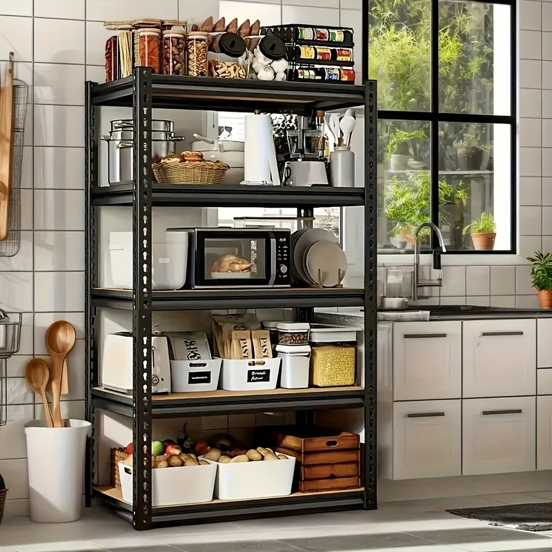 Heavy duty garage racking with 500 lb and 2000 lb capacity, 5-tier utility storage racks and metal shelving units. Suitable for