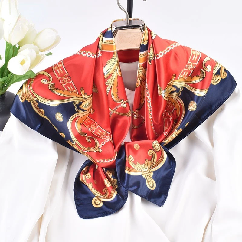 Heitou 90CM Square Kerchief Vintage Chain Women's Versatile Decoration Simulation Silk Scarf Luxury Women Foulard Femme Headband