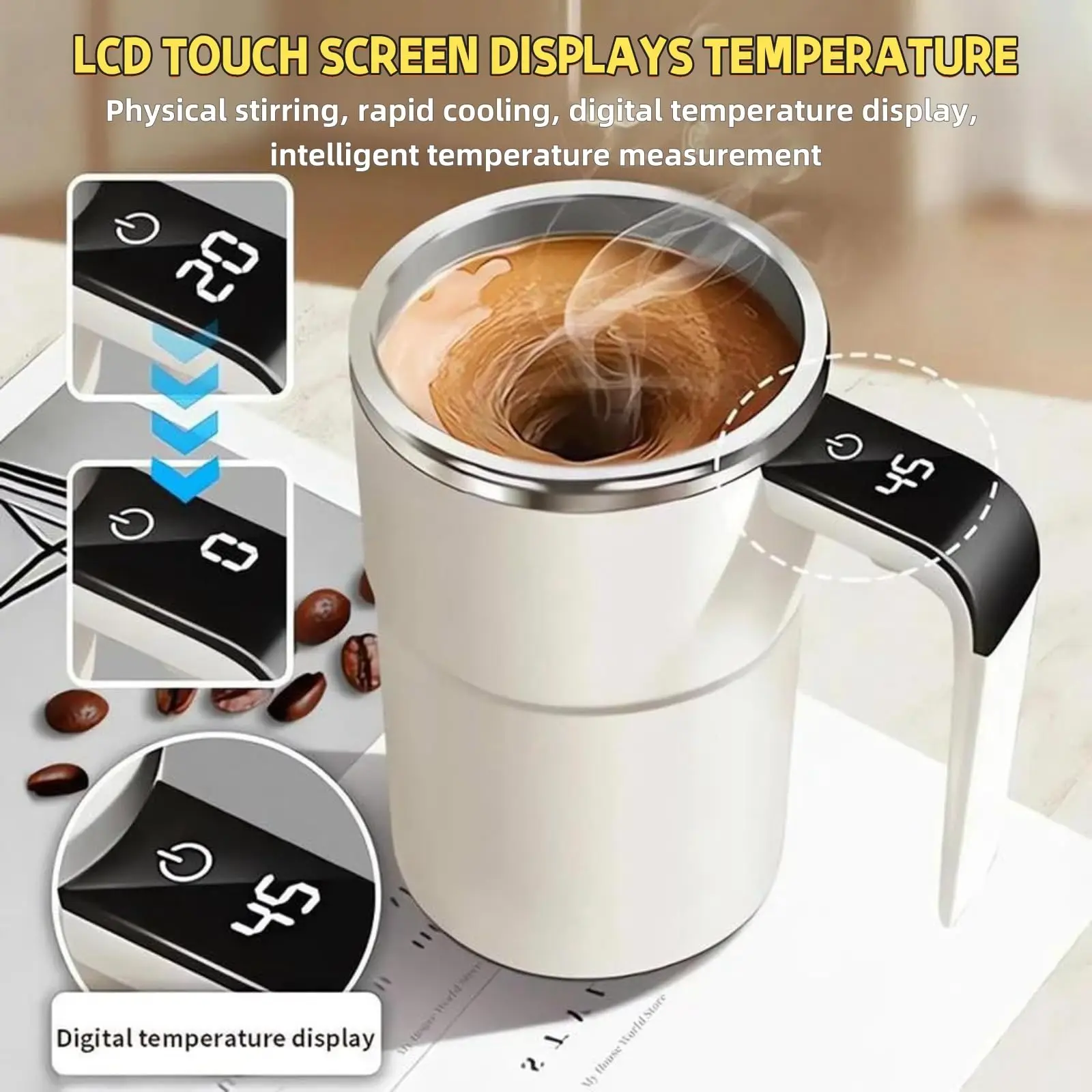GMOX Automatic Magnetic Self Stirring Mug Pink Stainless Steel Coffee Thermos Electric Protein Shaker Cup with Temperature Display Leak Proof