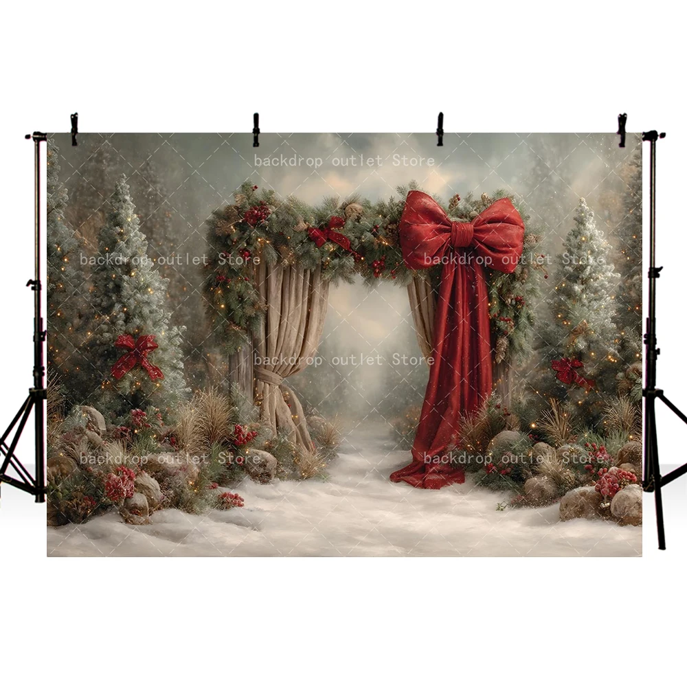 Mehofond Photography Background Vintage Red Bow Curtain Forest Xmas Tree Decor Kids Family Portrait Backdrop Photo Studio view 2