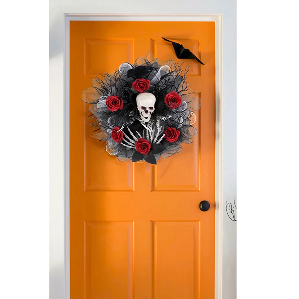 Skull Wreath Scary Red Rose Wreath Halloween Skeleton Wreath for Haunted Mansion Halloween and Party Supplies