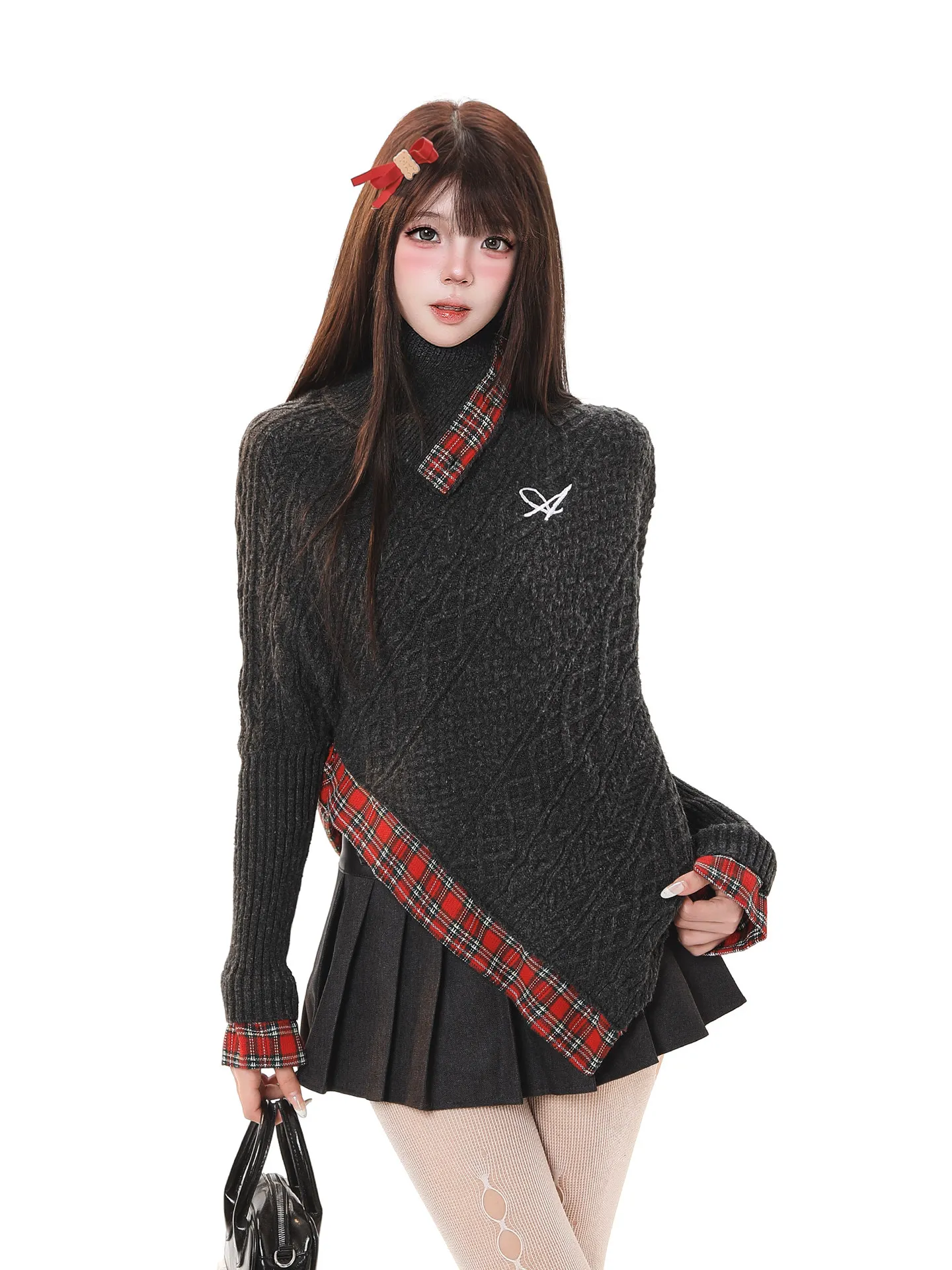 

Женский трикотаж в асимметричную клетку в стиле ретро с высоким воротником, свободный крой, осенне-зимний новый топ Lazy Faion