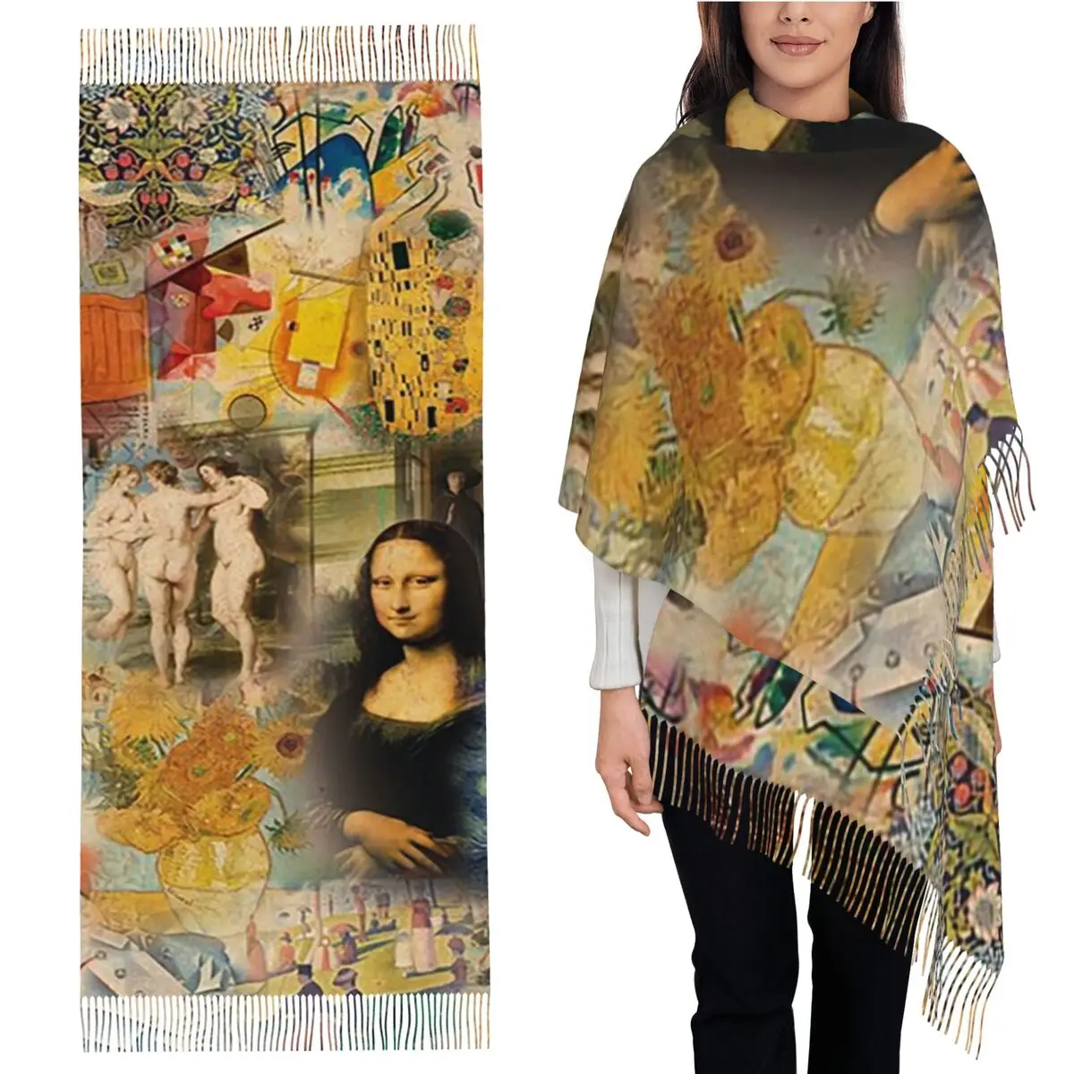 

Шарф «История искусства», шарфы с кисточками, женские мягкие теплые шали и накидки, большая осенне-зимняя шаль