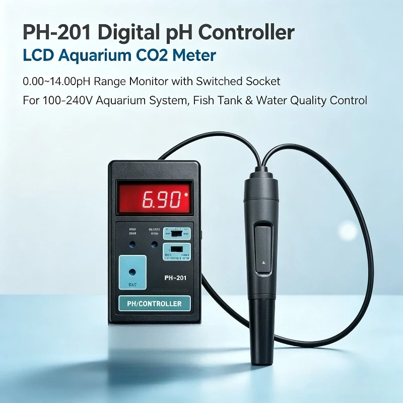 PH-201 Digital pH Controller, LCD Aquarium CO2 Meter, 0.00~14.00pH Range Monitor with Switched Socket