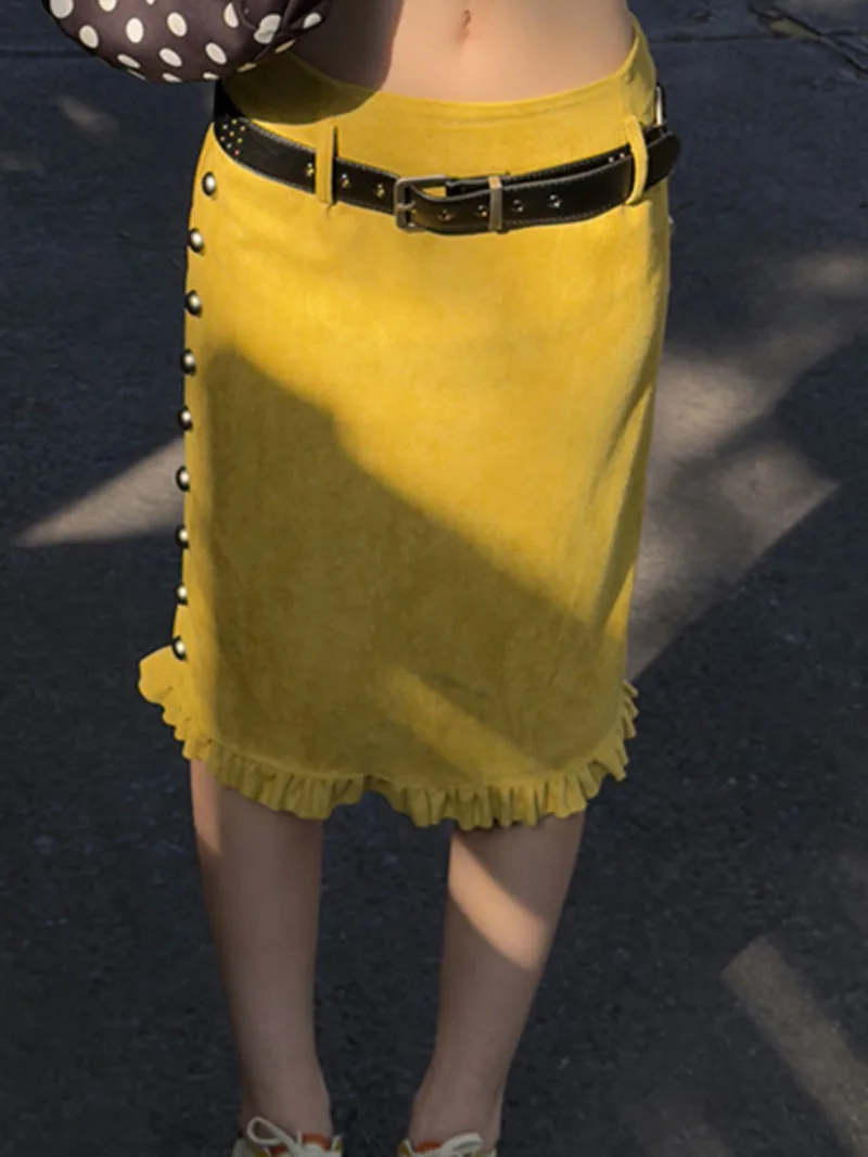 Fashion Solid Color Nail Bead Short Skirt With Pocket Splicing Pleated Hem Pressed Half Skirts Spring Summer New 7YBJV